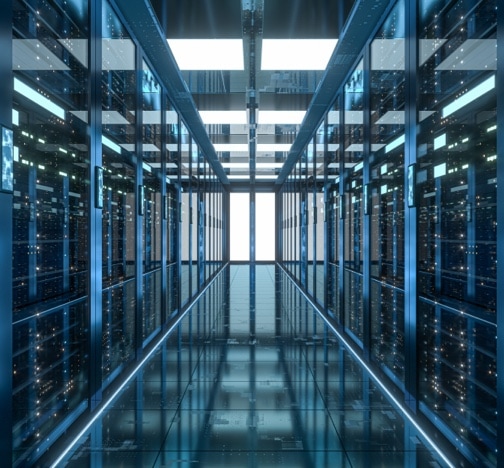 Server racks in computer network security server room data center