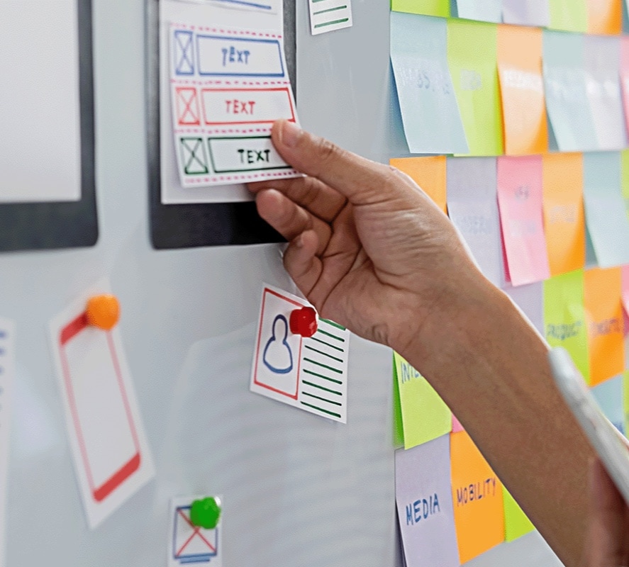 whiteboard with sticky notes and drawings depicting a wireframe work session