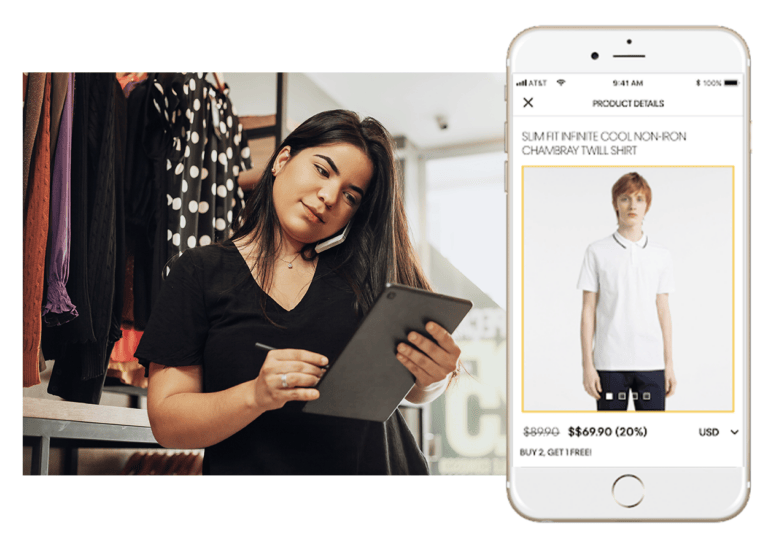 Woman talking on phone while looking at a tablet in a fashion store and an image of a smartphone showing product details of a shirt