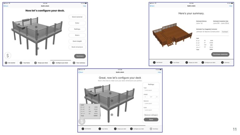 multiple application screens showing different deck configurations